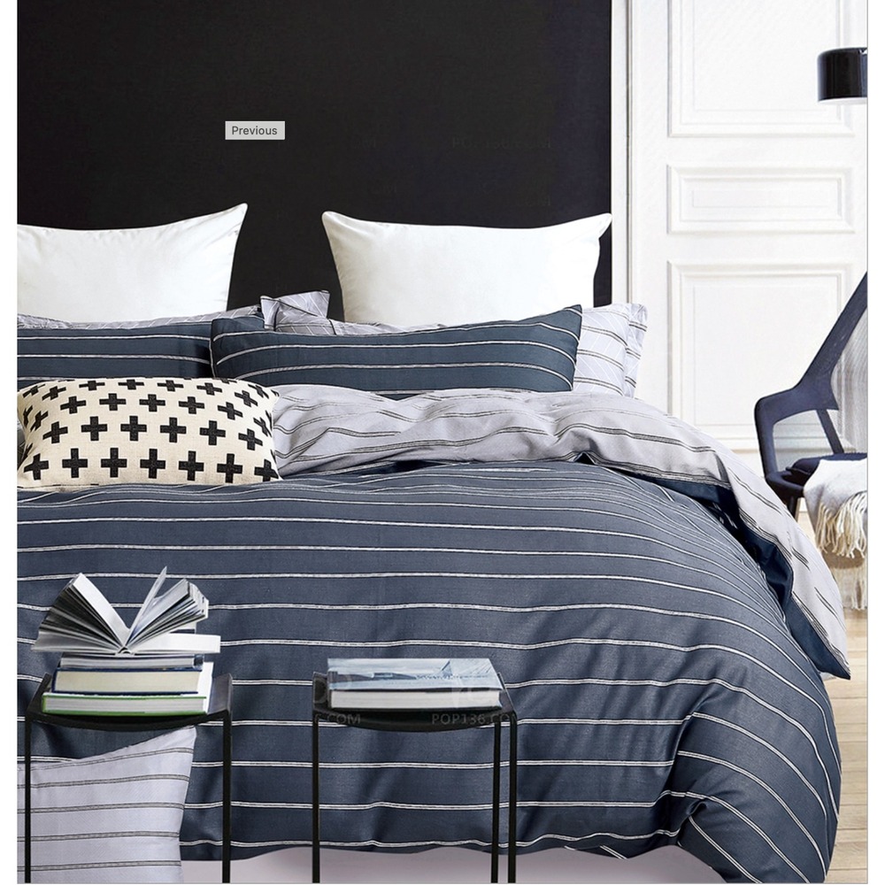 Gauggin Navy Blue Striped 100%‎ Cotton Reversible Comforter Set Twin Minimalist